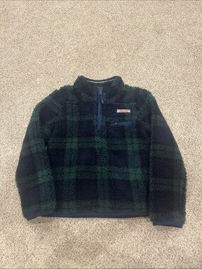 Vineyard Vines Kids Plush Sherpa Half-Zip in Green and navy Plaid XS 5-6